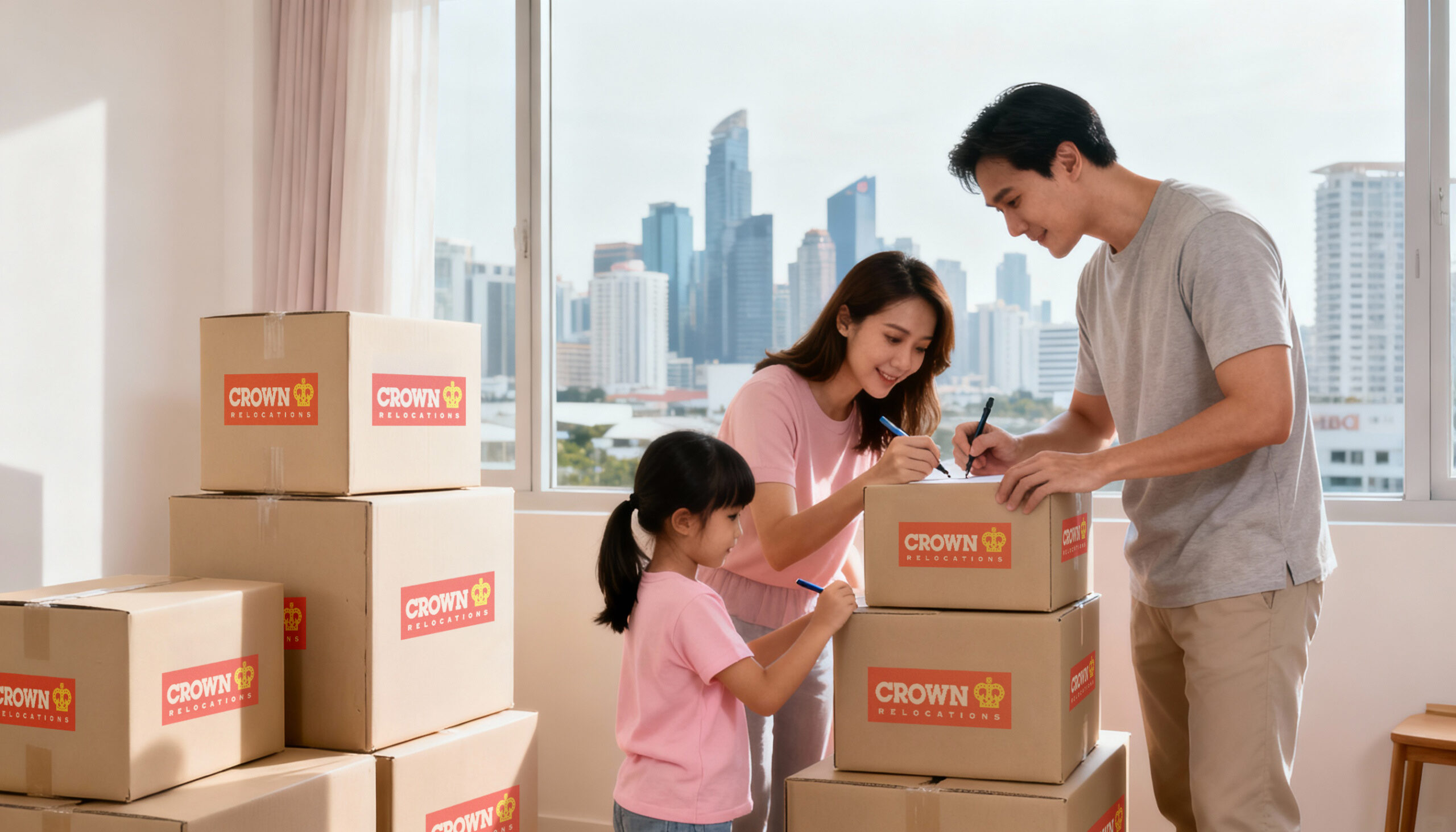 Family packing boxes in a metro manila condo parent with kids