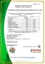 BBBEE Certificate of Crown Worldwide in Johannesburg